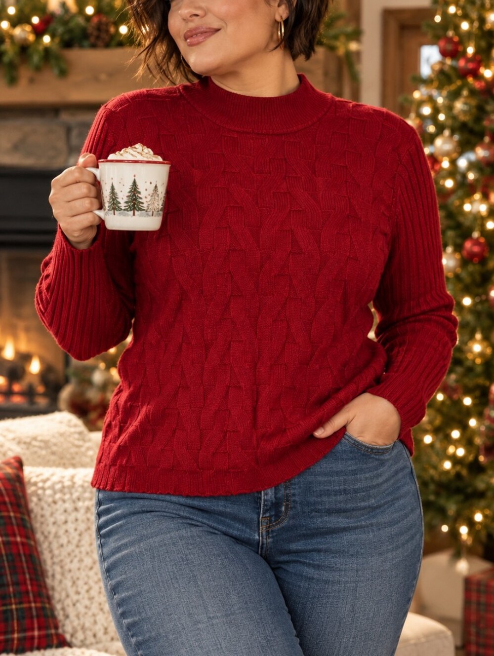 Vex Collection Red Cable Knit Mock Neck Sweater Women’s XL Stretch